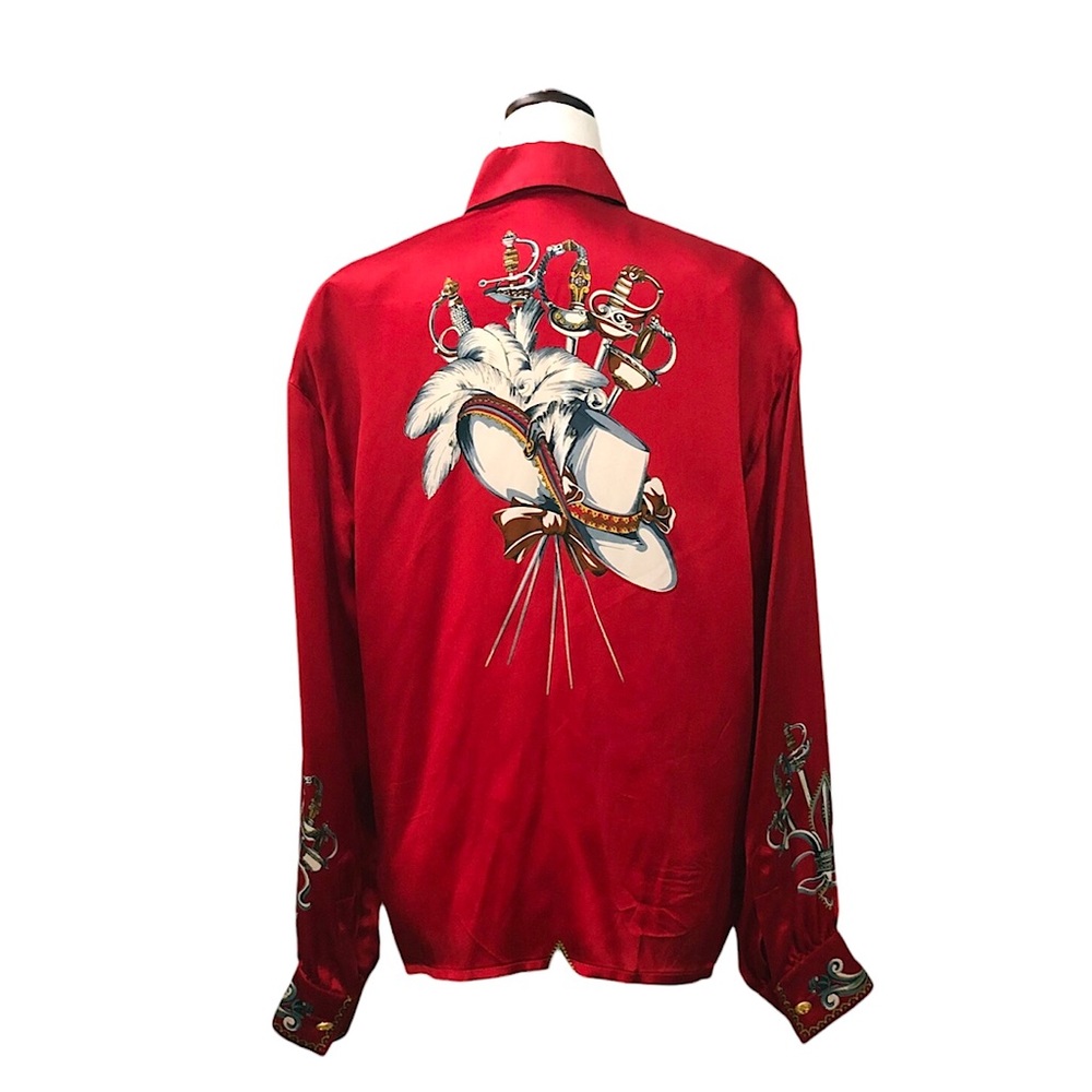 Vintage 1980s Designer Escada Red Sword Print Blouse 100% Silk Size Medium - Picture 3 of 9